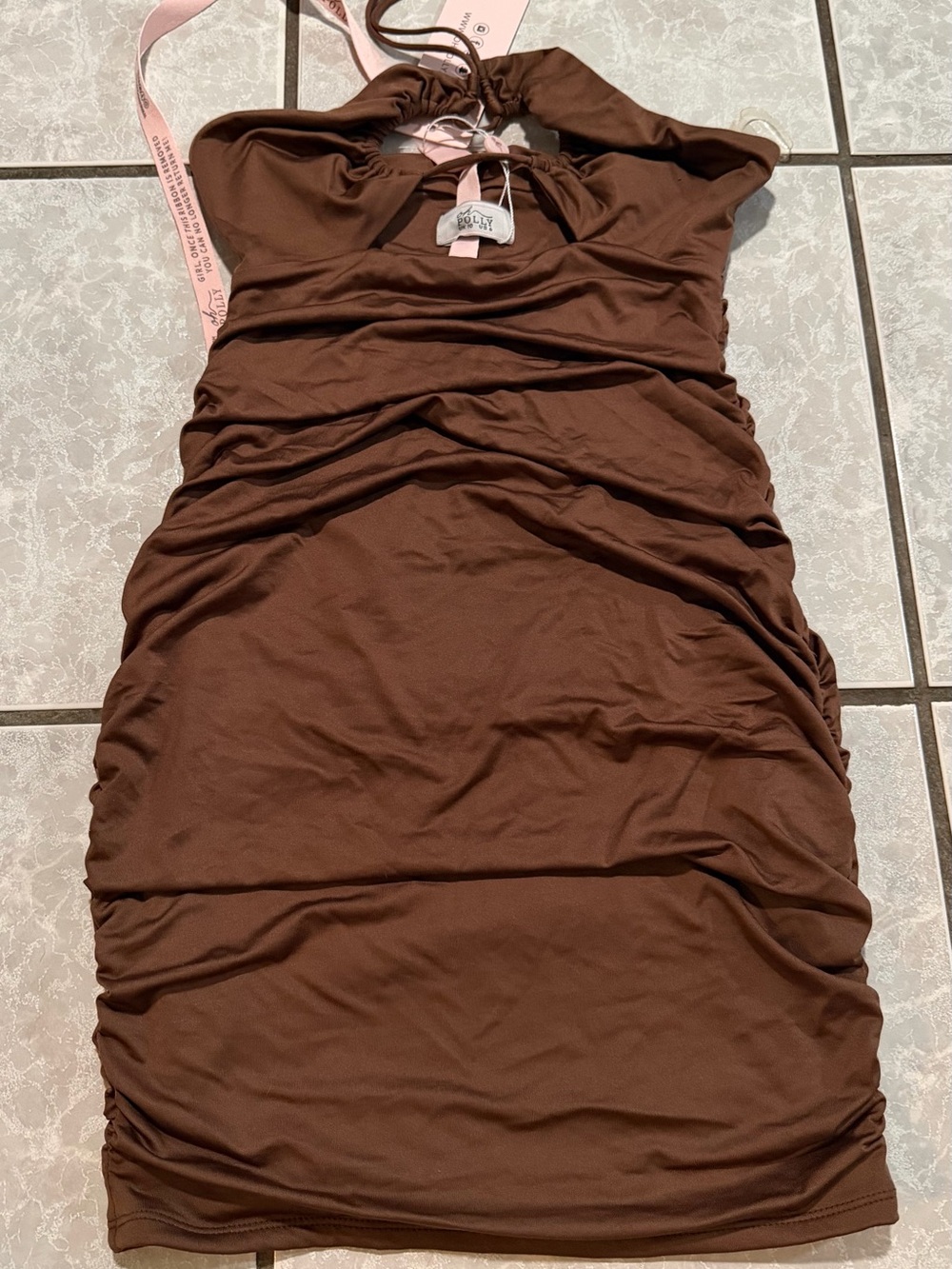 Oh Polly Chocolate Brown Ruched Halter Mini Dress